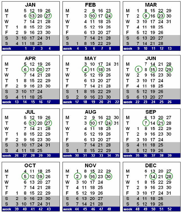 [Calendar for 2004 with the dates of the 26 fortnightly paydays circled]