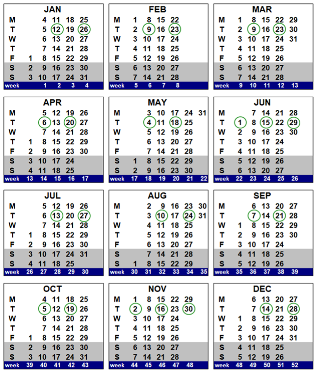 [Calendar for 2027 with the dates of the 26 fortnightly paydays circled]